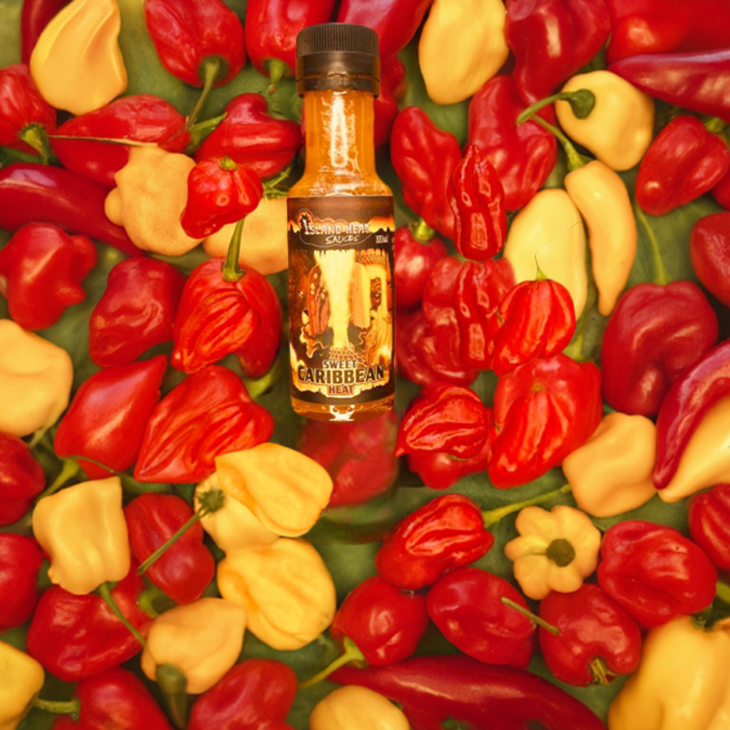 sweet Caribbean heat bottle surrounded by chilli peppers